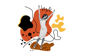 Creative picture collage happy joyful attractive lady raise hands positive mood weekend rejoice smile laughter drawing background