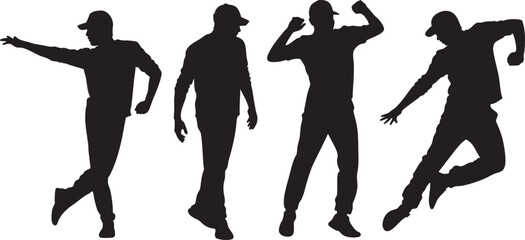 Silhouettes of four young men in caps and jackets running dynamically.