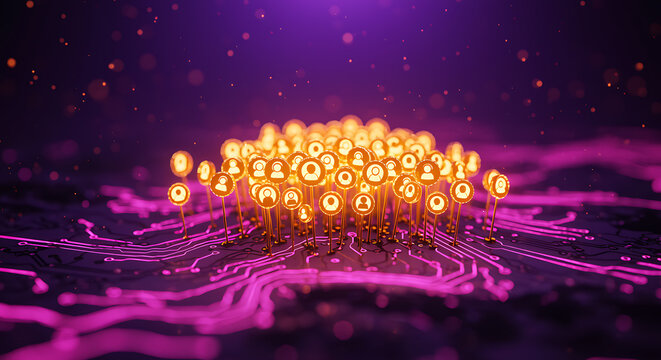 Glowing user icons on a digital circuit board technology