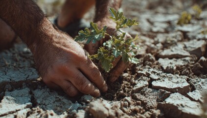 A person's hands carefully plant a small seedling in cracked earth, a testament to resilience in a dry landscape.