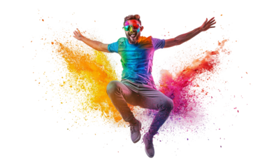 Man Jumping Mid Air with Arms Outstretched Representing Freedom Energy and Joyful Expression isolated on transparent background PNG