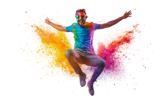 Man Jumping Mid Air with Arms Outstretched Representing Freedom Energy and Joyful Expression isolated on transparent background PNG