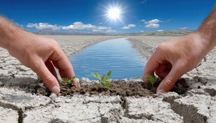 Hands plant small green sprouts in cracked earth near a clear canal, symbolizing hope and environmental restoration in a desolate landscape under a bright sun.