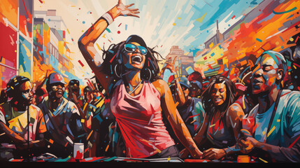 Obraz premium Energetic crowd celebrating at vibrant street festival with confetti, joy, and dynamic movement evoking a sense of community and lively entertainment