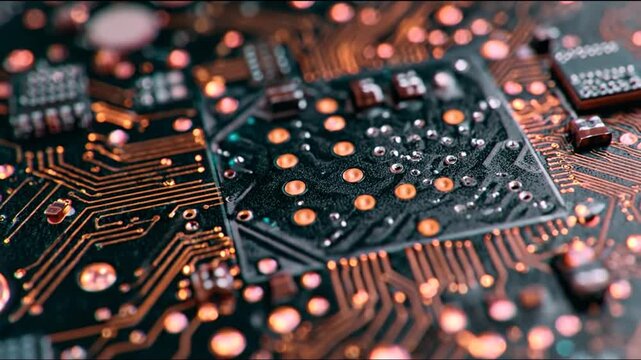 Close-up view of intricate copper circuitry on a dark printed circuit board.
