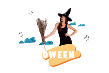 Composite artwork collage of happy halloween banner poster night sky spooky season party young lady witch hat hand hold broom ghost fly