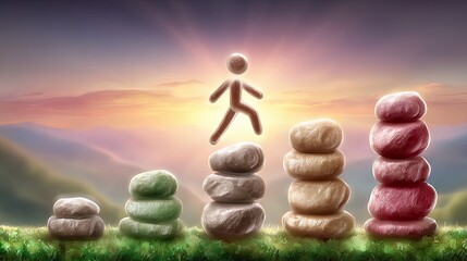 Motivational concept Inspiring Journey: Person Leapfrogging Over Colorful Stacked Stones at Sunrise symbol of fail forward faster and personal growth