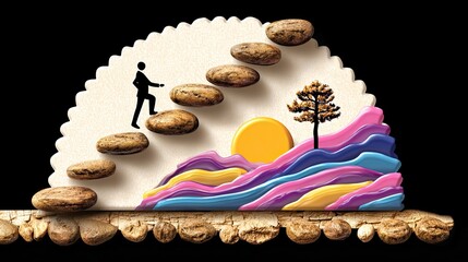 Futuristic vision Surreal Landscape with Path of Stones and Rising Sun illustration about resilience and overcoming challenges
