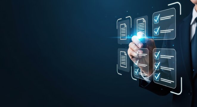 Businessman interacting with digital checklist interface technology - Powered by Adobe