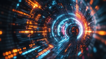Obraz premium A vibrant, abstract representation of a digital tunnel with flowing lights, symbolizing technology and innovation.