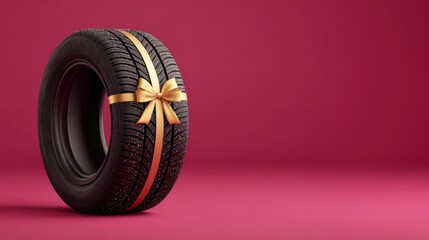 A black car tire decorated with a golden bow and ribbon, standing upright on a red studio background.
