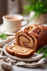 Sliced zucchini bread with cinnamon swirl and hot coffee