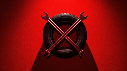 Symbolic automotive concept image with two metal wrenches crossed over a black rubber tire, lit dramatically against a red backdrop.