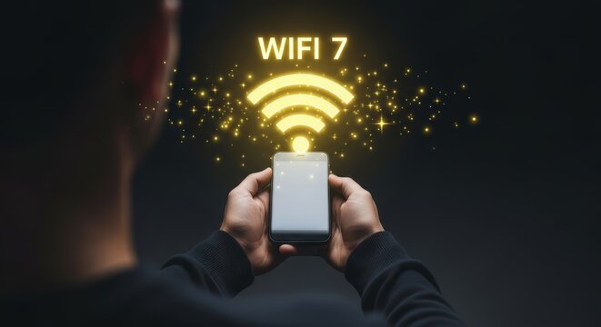 Person holding smartphone with glowing Wi Fi 7 symbol and particles WiFi 7 mobile phone