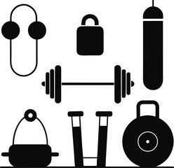 Collection of black fitness equipment silhouettes isolated on a white background for sports and exercise isolated on white background isolated on transparent background