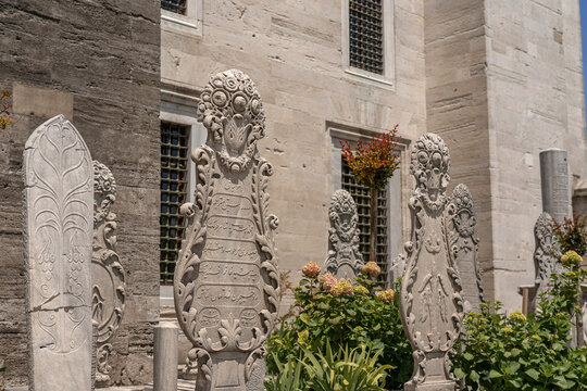 The historic graveyard in the grounds of Suleymaniye mosque in Istanbul, Turkey