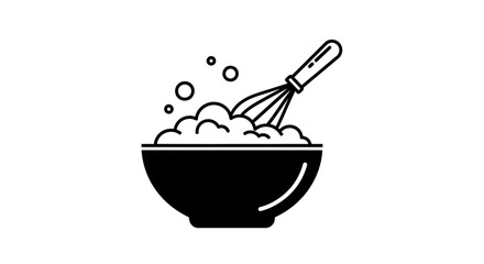 Bowl with whisk mixing ingredients, bubbles, cooking icon.