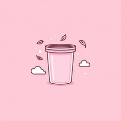 A simple, light pink drink cup floats against a soft pink background, with falling leaves and small clouds.