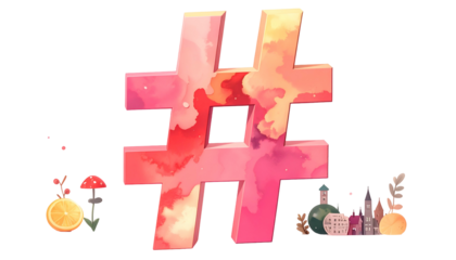 Colorful digital illustration of a large hashtag with whimsical elements and black background