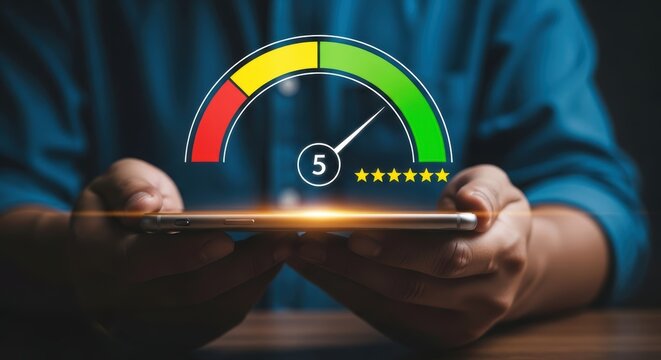 Customer satisfaction meter with five stars and number five rating feedback