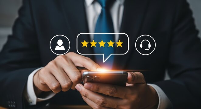 Businessman using smartphone with five star rating and customer service icons mobile phone five stars