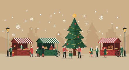 An inviting Flat Design banner illustration capturing a bustling Christmas market festival scene with stylized stalls and a festive tree. 