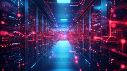 A futuristic data center corridor illuminated with vibrant blue and red lights, emphasizing technology and connectivity.