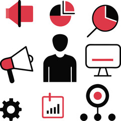 Collection of marketing and business icons including megaphone chart computer and person isolated on white background isolated on transparent background silhouette