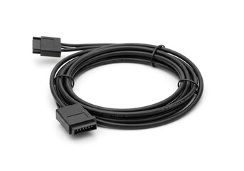 Professional black electronic cable with two distinct connectors, neatly coiled for organized technology setup and connectivity solutions