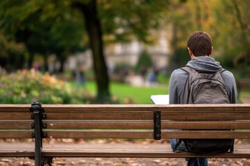 Young man sitting on a park bench, reading a book amidst vibrant autumn foliage and people walking