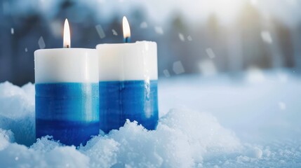 Festive winter scene with lit candles in snow for christmas and new year card design. Horizontal banner. Copy space. White and blue candles in snow. Independence Day of Finland