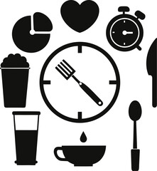 Collection of black silhouette icons representing food time and health isolated on white background isolated on transparent background
