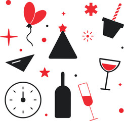 Collection of new year s eve party celebration elements including a clock wine glasses balloons and party hats isolated on white background isolated on transparent background silhouette