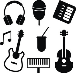 Collection of musical instrument silhouettes and icons isolated on white background isolated on transparent background