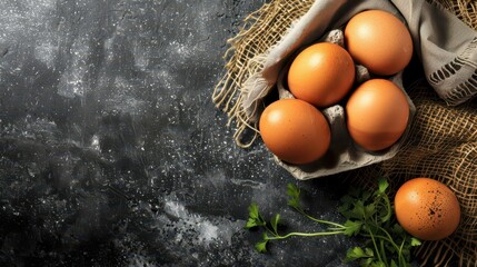 Celebrating world egg day with fresh rustic eggs for cooking and health. Horizontal banner. Copy space. Flat lay. Top view. World Farm Animals Day. World Bird Day. Healthy farm food