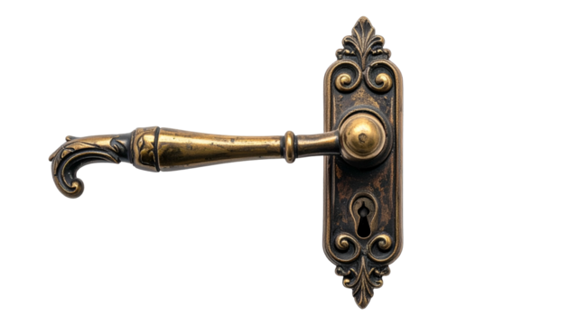 Ornate antique door handle, detailed brass hardware, keyhole