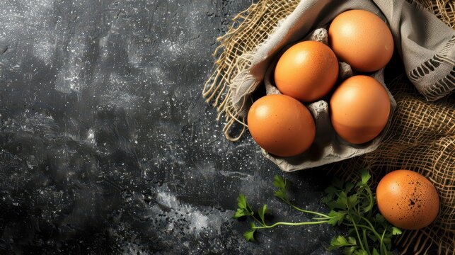 Celebrating world egg day with fresh rustic eggs for cooking and health. Horizontal banner. Copy space. Flat lay. Top view. World Farm Animals Day. World Bird Day. Healthy farm food