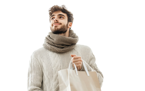 Man Wearing Sweater and Scarf Holding Shopping Bag Representing Winter Fashion and Seasonal Style isolated on transparent background PNG