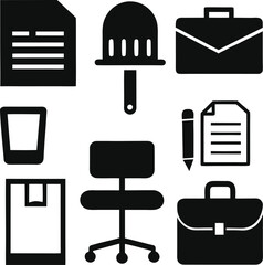 Collection of office and business related icons including documents briefcases chair and trash bin silhouette isolated on white background isolated on transparent background