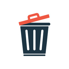 Simple flat icon of a dark blue trash can with an orange lid handle