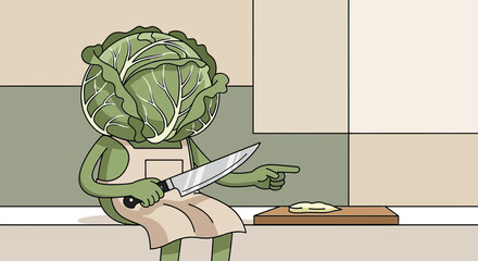 A Cabbage-Headed Chef Character Pointing at Sliced Cabbage with Knife Kitchen Illustration