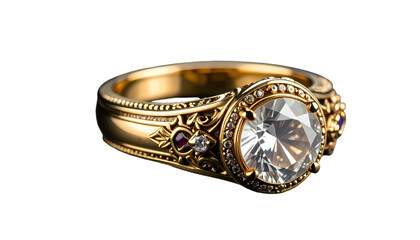 Ornate gold ring with a large diamond and ruby accents on black