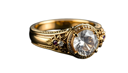 Ornate gold ring with a large diamond and ruby accents on black