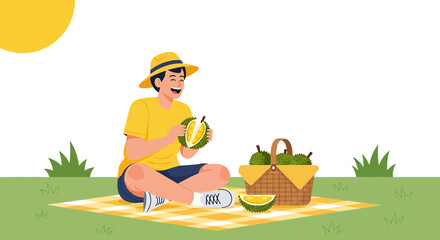 A cheerful man enjoys a durian picnic in a lush green setting, surrounded by nature and