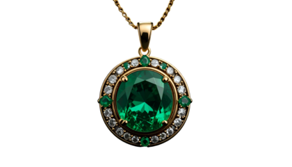 Gold pendant with a large emerald and surrounding diamonds on a black background
