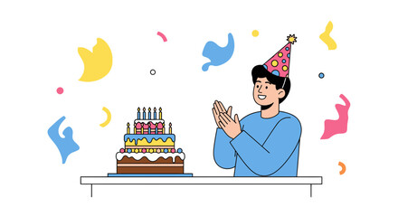 A Festive Birthday Celebration: Man Clapping Hands near Decorated Cake and Colorful Confetti