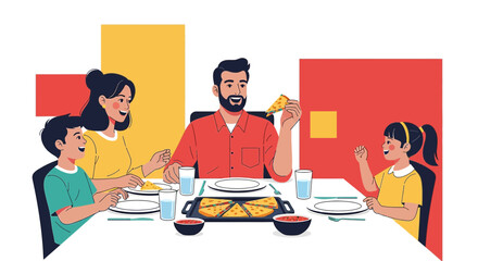 A Happy Family Enjoying Pizza Night Together in a Stylized Illustration Celebrating Family Time
