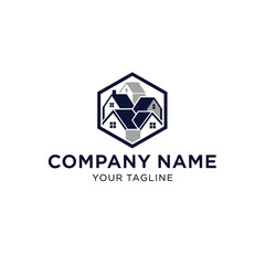 Real estate logo design featuring a cluster of houses within a hexagon frame, with placeholder text for company name and tagline.