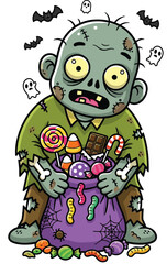 Zombie Holding Halloween Treats T-Shirt Design Vector Illustration.