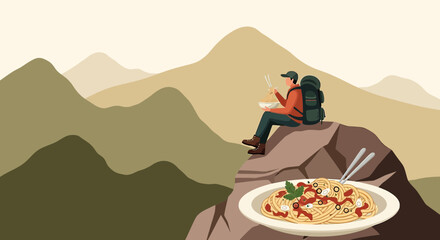 A hiker enjoys a delicious meal of spaghetti atop a majestic mountain peak scenery